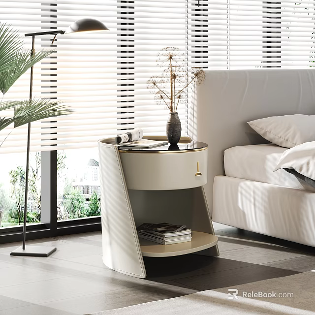 Modern White Bedside Table with Vase and Magazine in Bedroom with Bed and Green Plants 3d model
